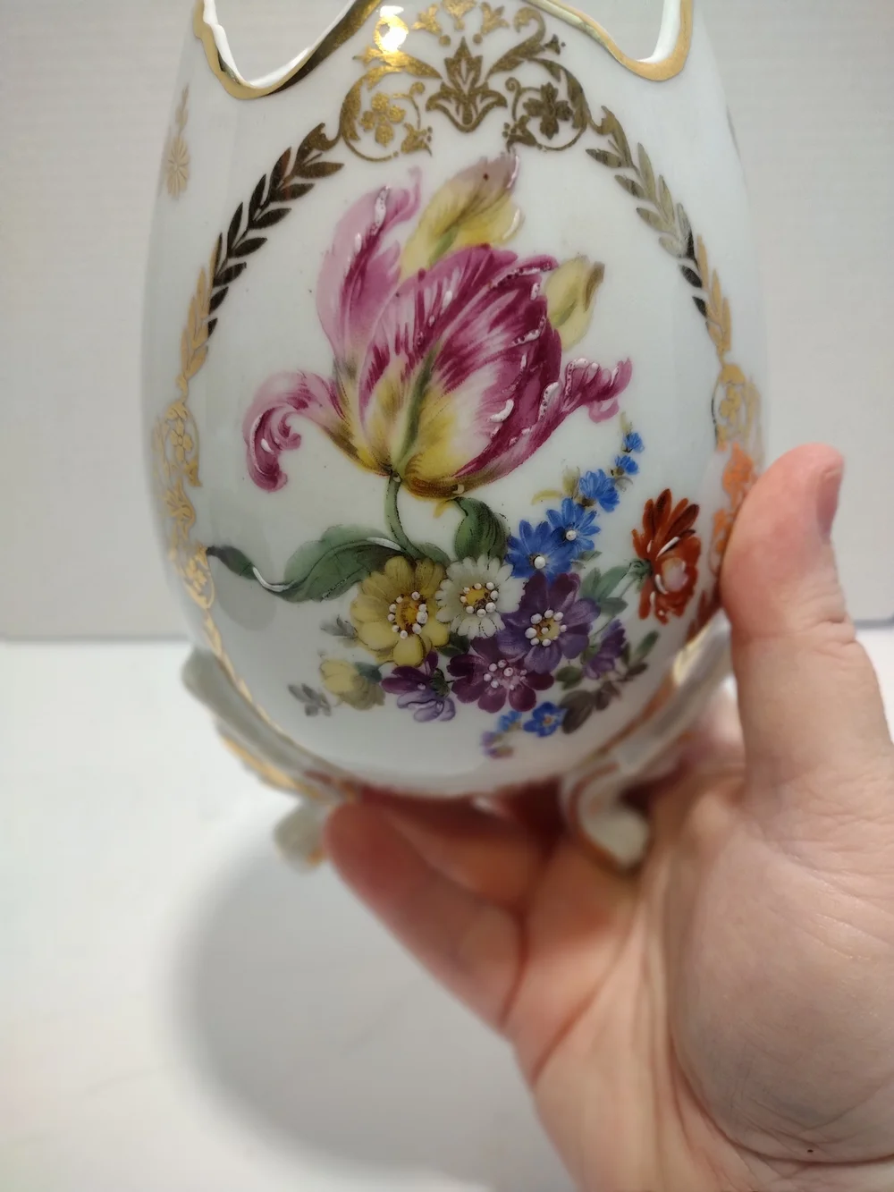 Limoges White Porcelain Floral Egg Vase with Gold Trim